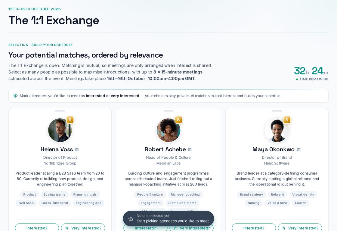 Qualified buyers choosing vetted suppliers in 1:1 Exchange